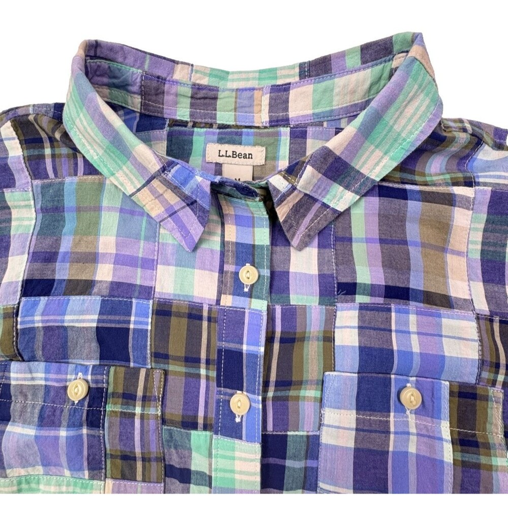 LL Bean Madras Patchwork Plaid Shirt Petite Roll Tab Sleeve Cottage MP - Picture 3 of 16